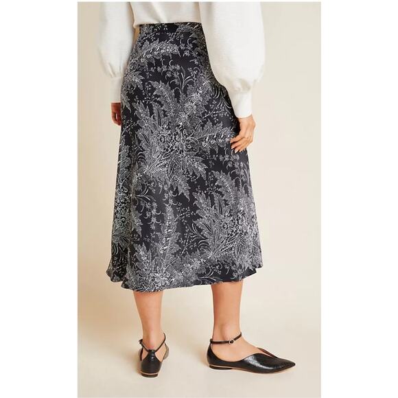 Anthropologie Bias Floral Satin Midi Black White‎ Design Long Maxi Skirt Size 10 - Picture 1 of 6